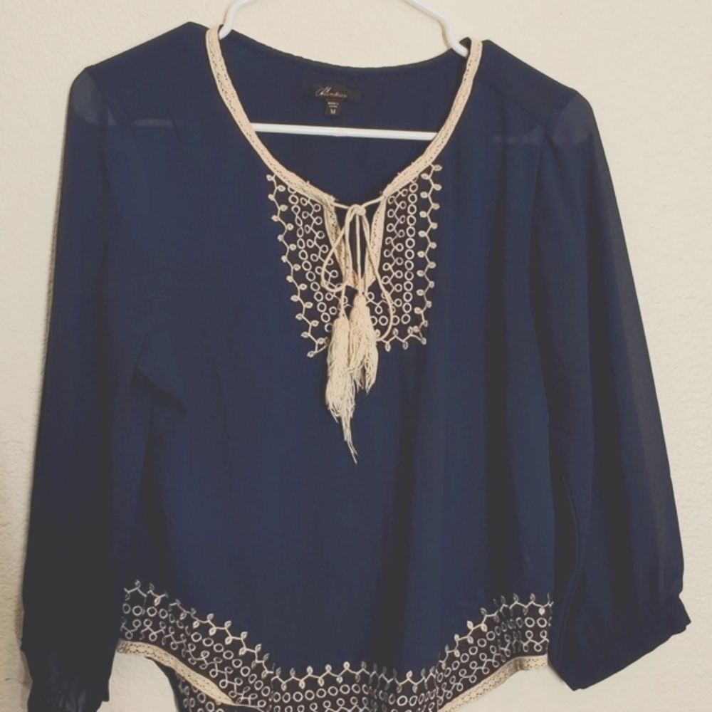 Boho Monteau navy blue embroidered medium blouse.